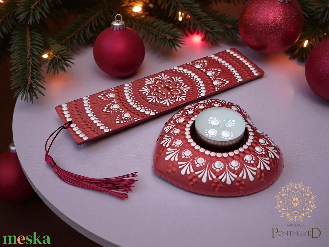 Mandala könyvjelző- és szív mécsestartó szett (vörösbor) - könyv & zene - könyvjelző - Meska.hu