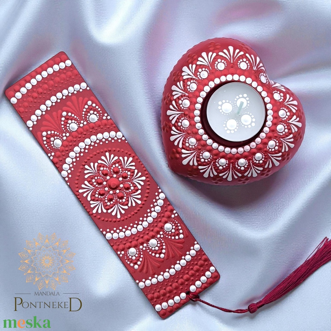 Mandala könyvjelző- és szív mécsestartó szett (vörösbor) - könyv & zene - könyvjelző - Meska.hu