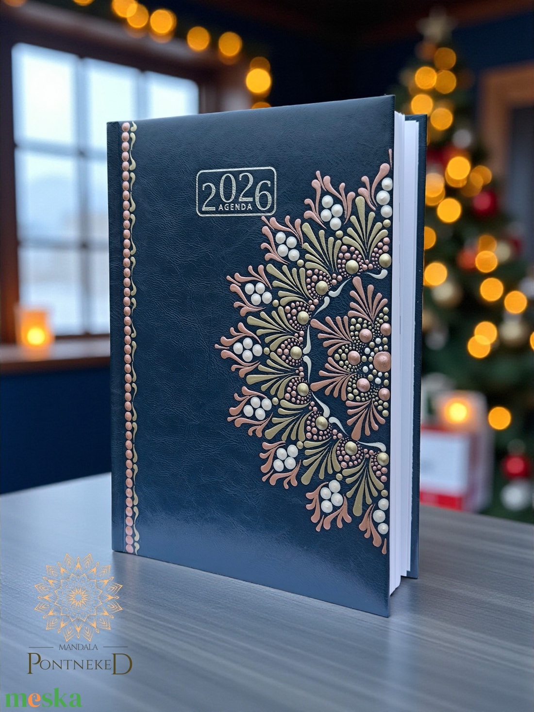 Nagy méretű, sötétkék (A/5) 2026-os mandala határidőnapló (rózsaarany-fehérarany-gyöngyház fehér) - otthon & életmód - papír, írószer - naptár & tervező - Meska.hu