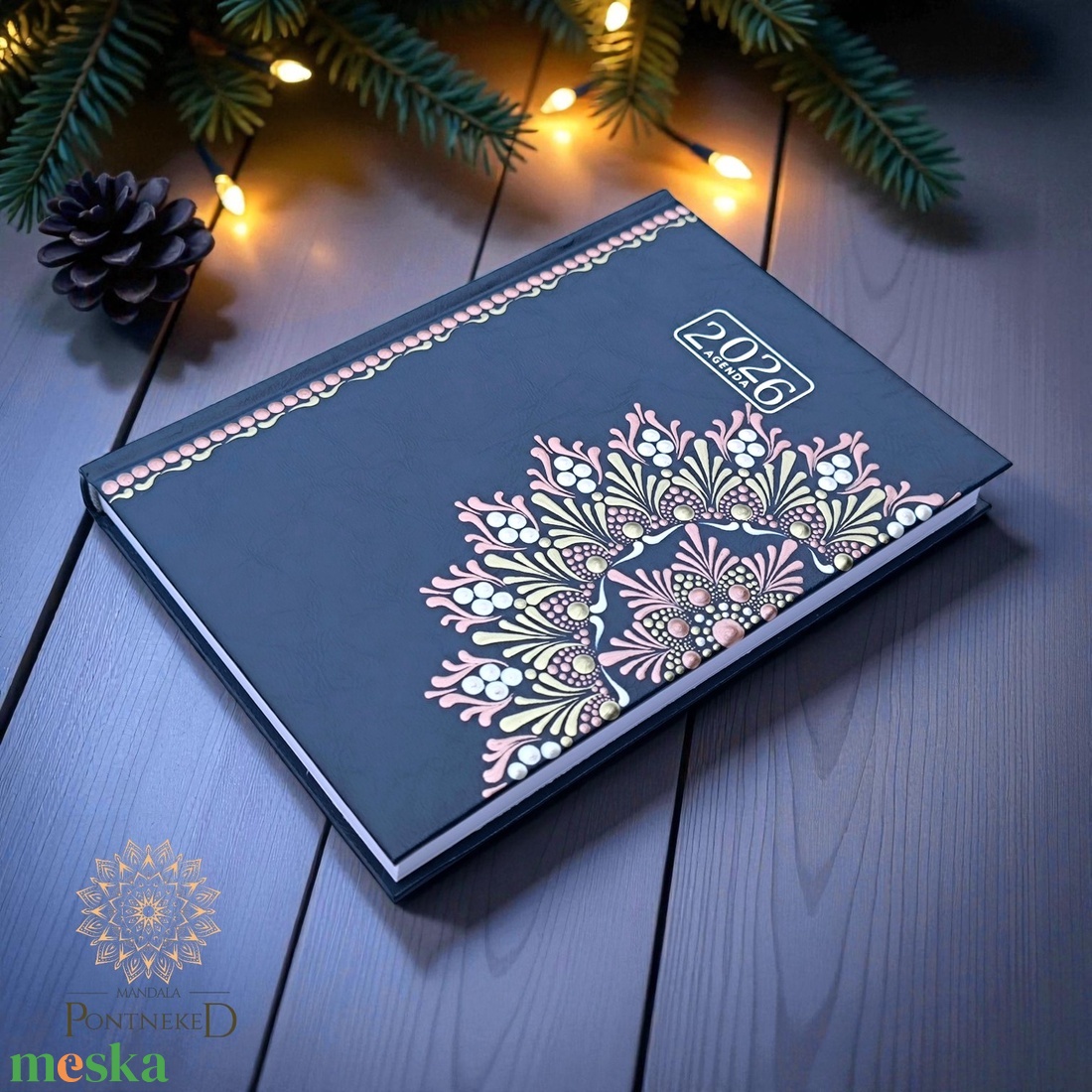 Nagy méretű, sötétkék (A/5) 2026-os mandala határidőnapló (rózsaarany-fehérarany-gyöngyház fehér) - otthon & életmód - papír, írószer - naptár & tervező - Meska.hu