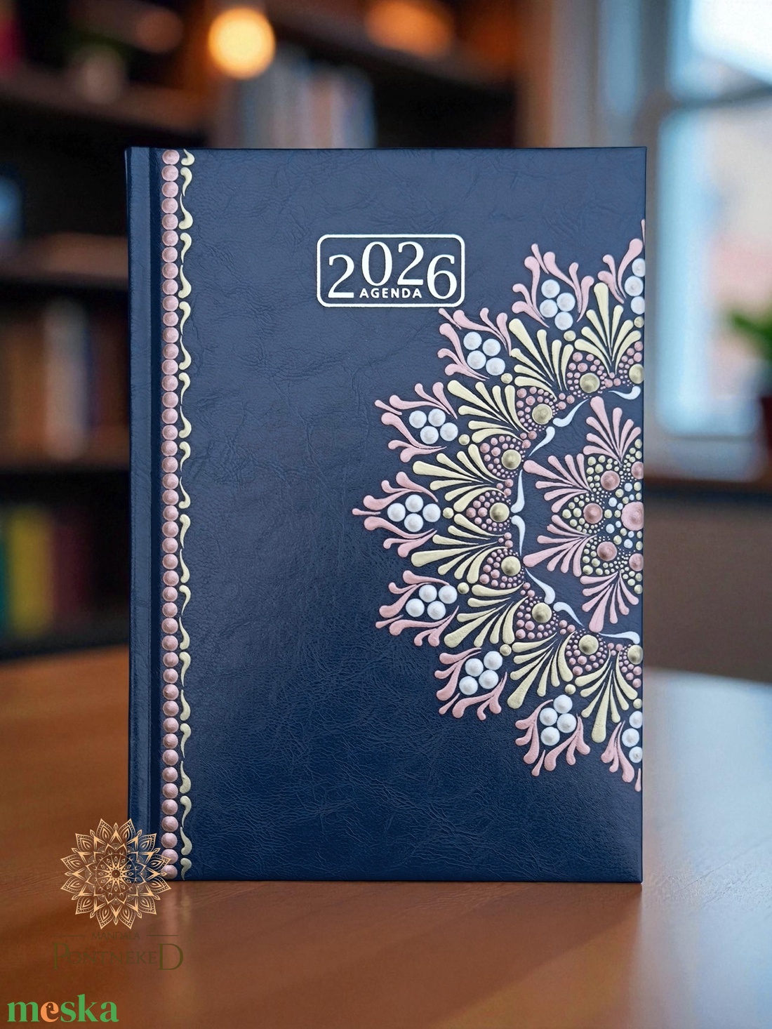 Nagy méretű, sötétkék (A/5) 2026-os mandala határidőnapló (rózsaarany-fehérarany-gyöngyház fehér) - otthon & életmód - papír, írószer - naptár & tervező - Meska.hu