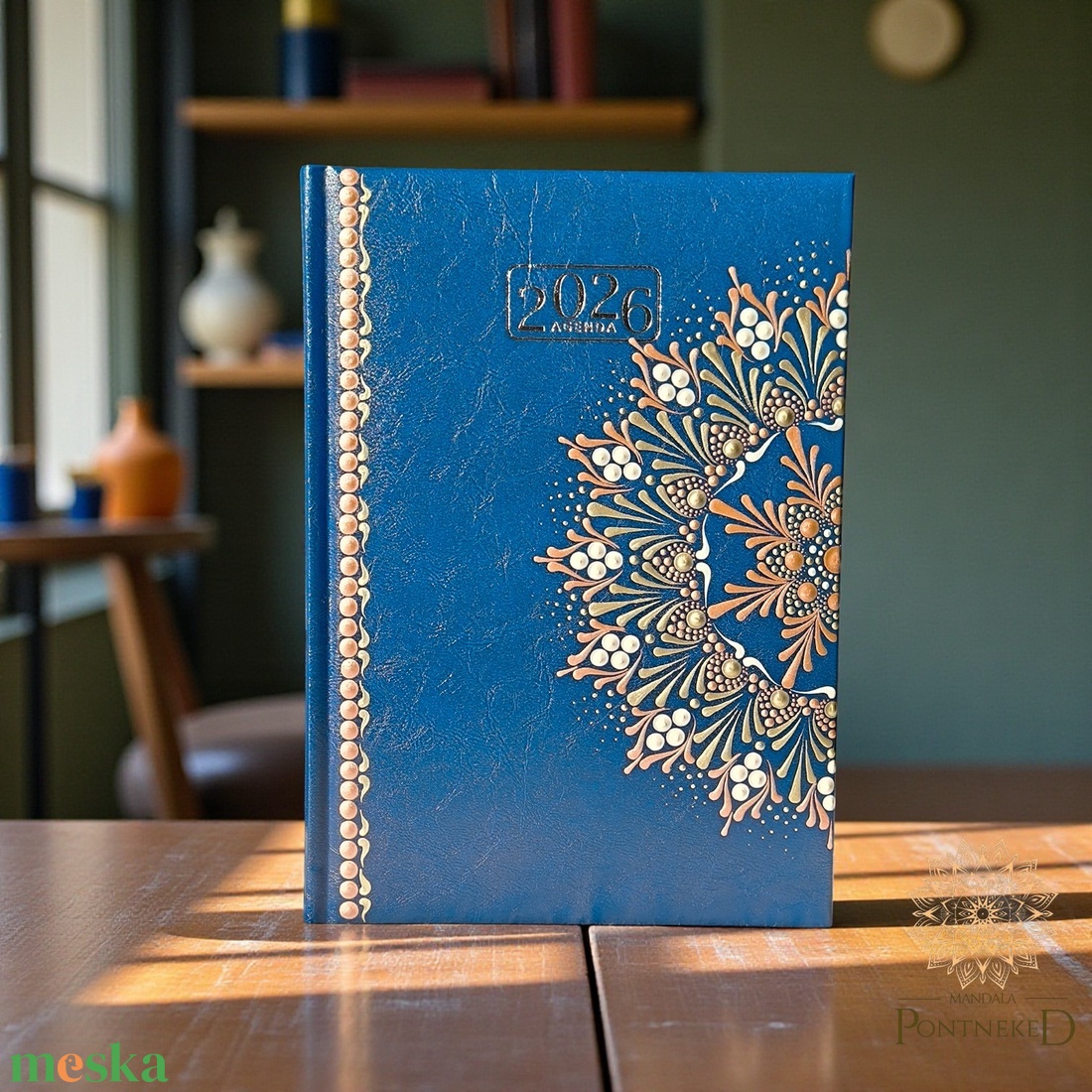 Nagy méretű, sötétkék (A/5) 2026-os mandala határidőnapló (rózsaarany-fehérarany-gyöngyház fehér) - otthon & életmód - papír, írószer - jegyzetfüzet & napló - Meska.hu