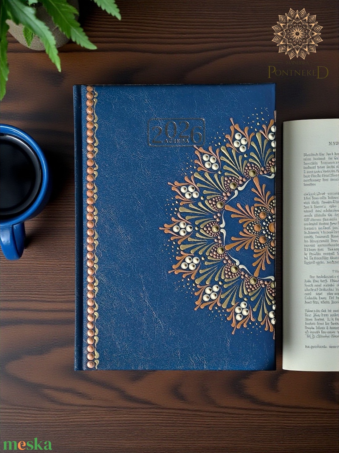 Nagy méretű, sötétkék (A/5) 2026-os mandala határidőnapló (rózsaarany-fehérarany-gyöngyház fehér) - otthon & életmód - papír, írószer - jegyzetfüzet & napló - Meska.hu