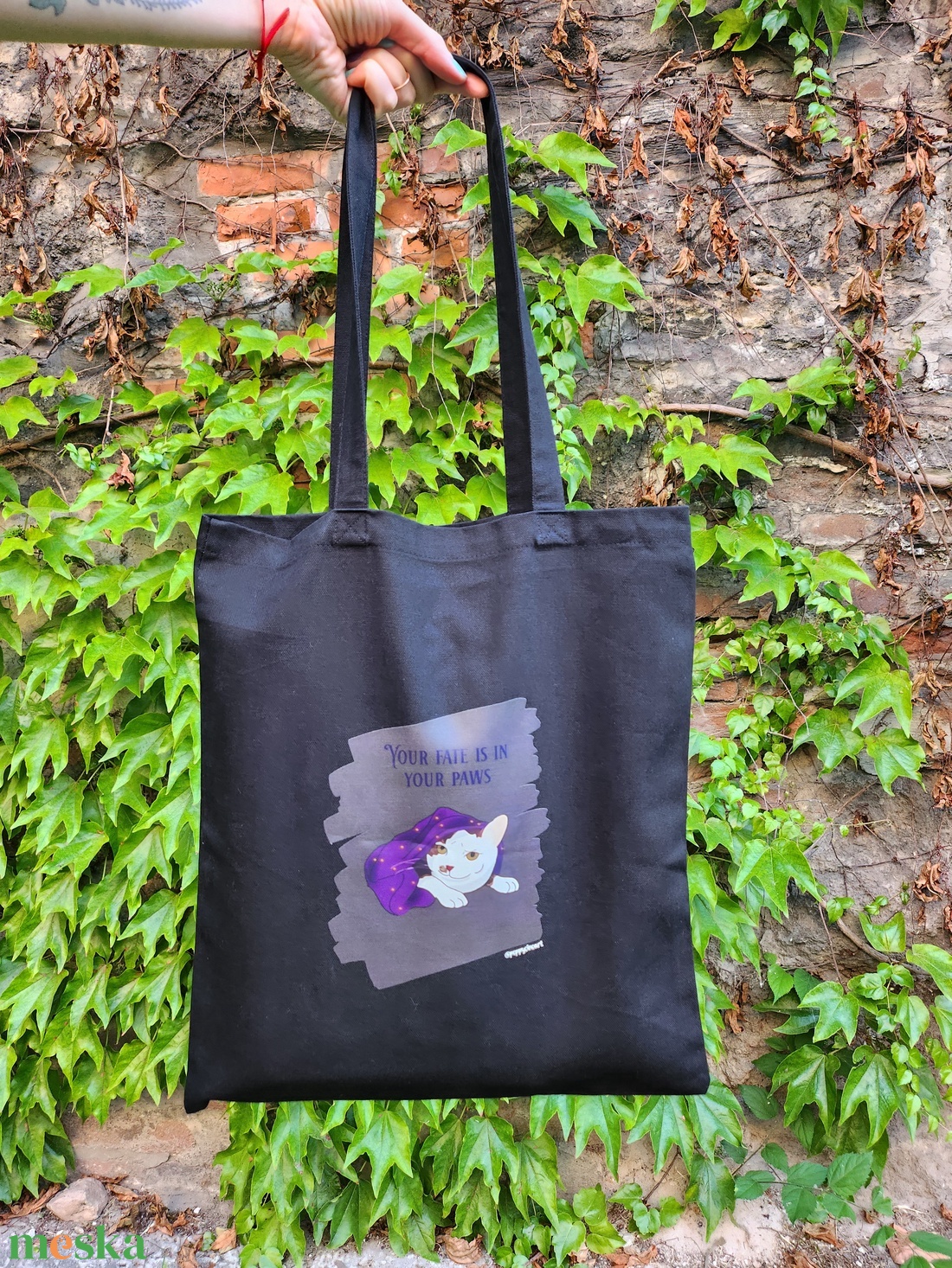 Vászonszatyor jósnő macska mintával - táska & tok - bevásárlás & shopper táska - shopper, textiltáska, szatyor - Meska.hu