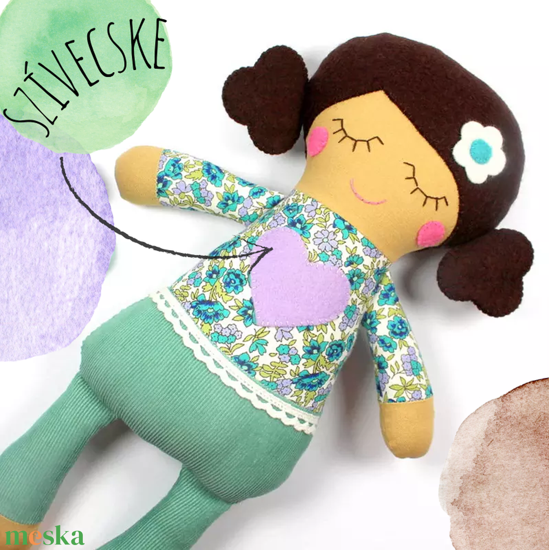 Kislány Baba,  Játékbaba, Textilbaba, Rongybaba, Textil Játék- Rózsaszín Kék Virágos Bella akciós termékkép 1