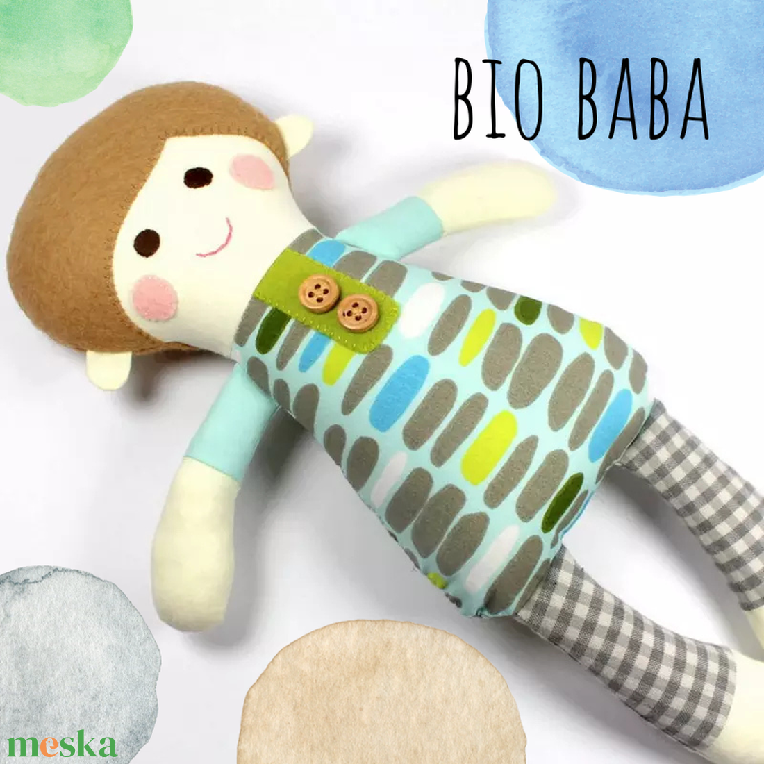 Alvó Kisfiú Baba Organikus Textilbaba, Játékbaba, Textil baba, Textiljáték, Rongybaba - Kék Zöld Mintás Dani akciós termékkép 1