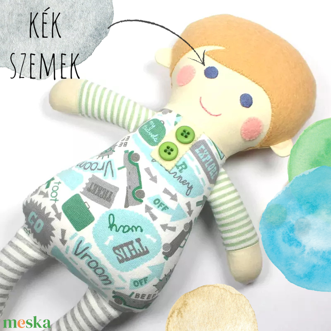 Kisfiú Baba,  Játékbaba, Textilbaba, Rongybaba, Textil Játék- Kék Piros Csíkos Döme akciós termékkép 1