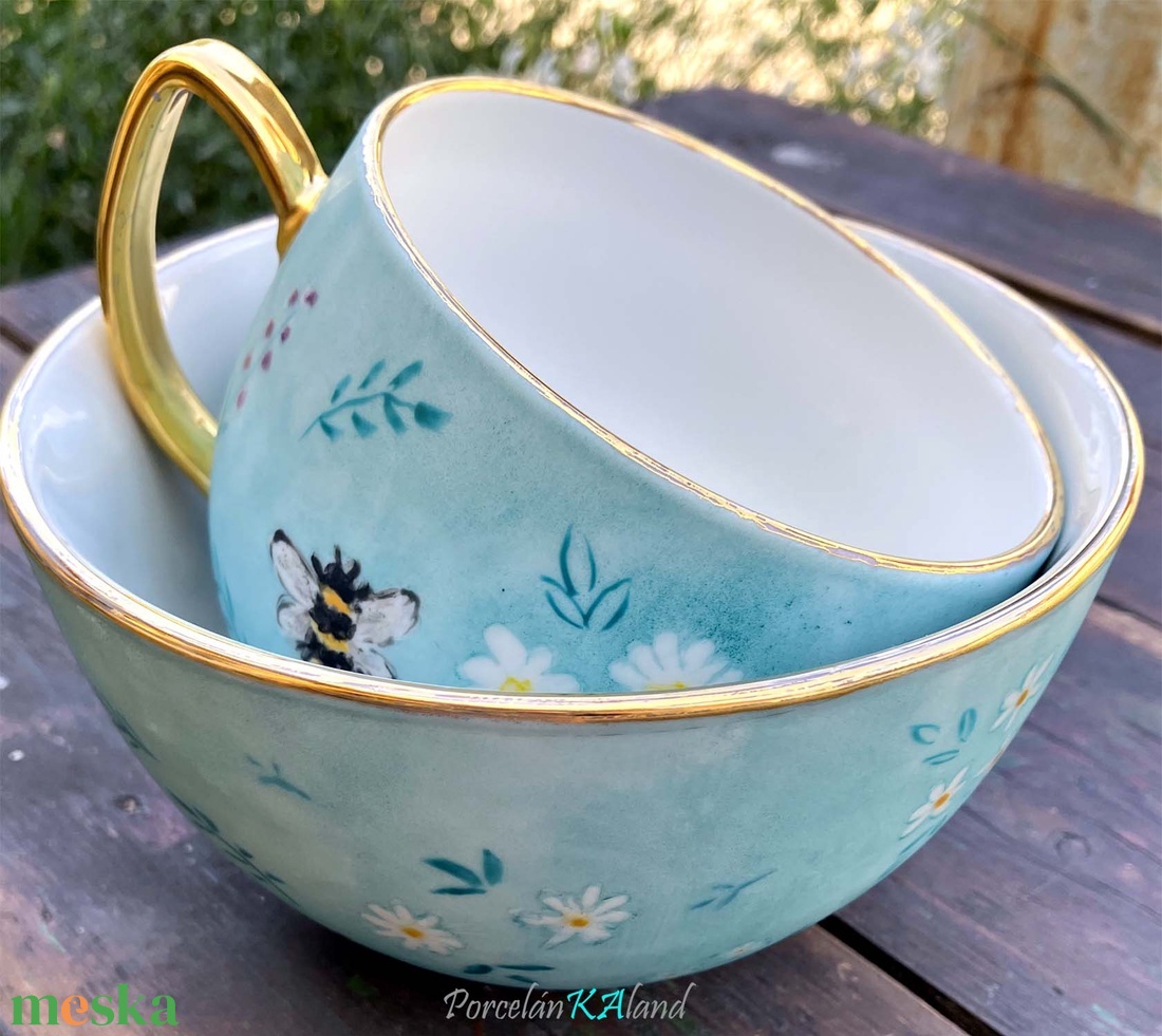 Méhecskés türkiz reggeliző készlet - otthon & életmód - konyhafelszerelés, tálalás - tálalás - tányér & étkészlet - Meska.hu