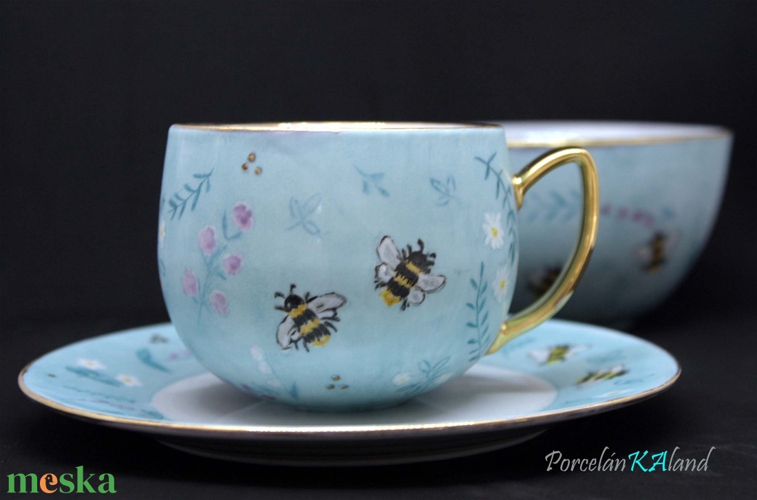 Méhecskés türkiz reggeliző készlet - otthon & életmód - konyhafelszerelés, tálalás - tálalás - tányér & étkészlet - Meska.hu