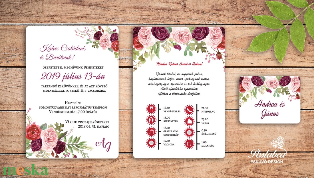 Bordó rózsás modern esküvői meghívó borítékkal - esküvő - meghívó & kártya - meghívó - Meska.hu