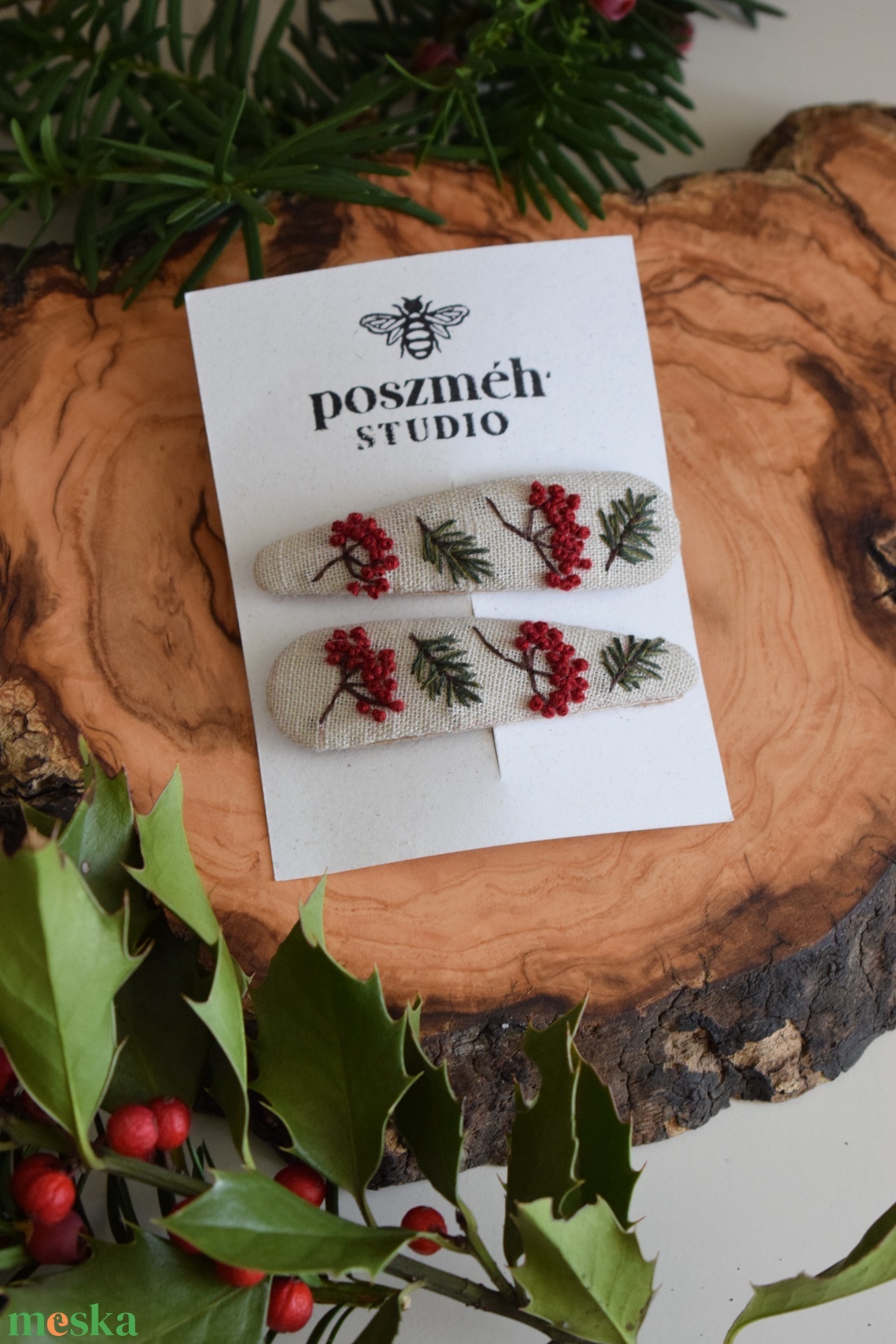 Kézzel hímzett lenvászon hajcsat szett � 2 db (karácsonyi kollekció) - ruha & divat - hajdísz & hajcsat - hajcsat & hajtű - Meska.hu