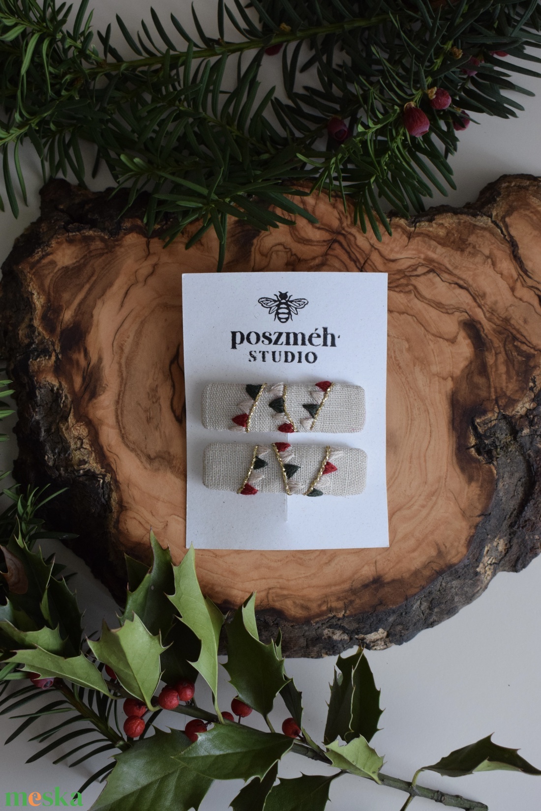 Kézzel hímzett lenvászon hajcsat szett  2 db ünnepi kollekció - ruha & divat - hajdísz & hajcsat - hajcsat & hajtű - Meska.hu