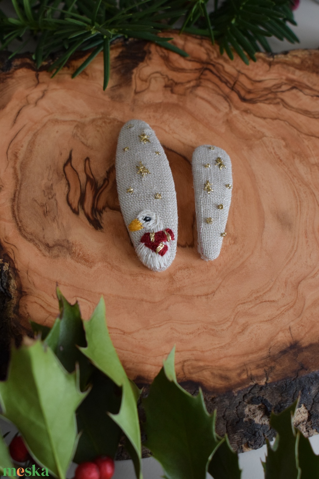 Hímzett lenvászon hajcsat szett  liba és aranycsillagok - ruha & divat - hajdísz & hajcsat - hajcsat & hajtű - Meska.hu