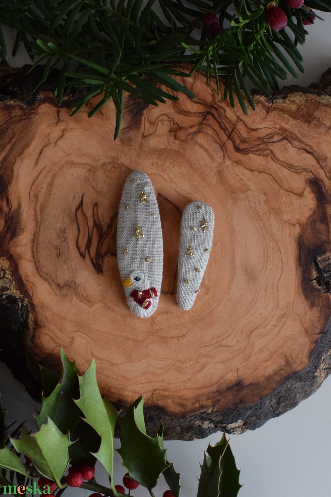 Hímzett lenvászon hajcsat szett  liba és aranycsillagok - ruha & divat - hajdísz & hajcsat - hajcsat & hajtű - Meska.hu