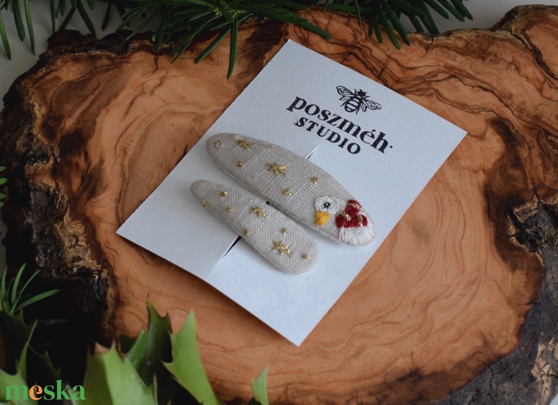 Hímzett lenvászon hajcsat szett  liba és aranycsillagok - ruha & divat - hajdísz & hajcsat - hajcsat & hajtű - Meska.hu