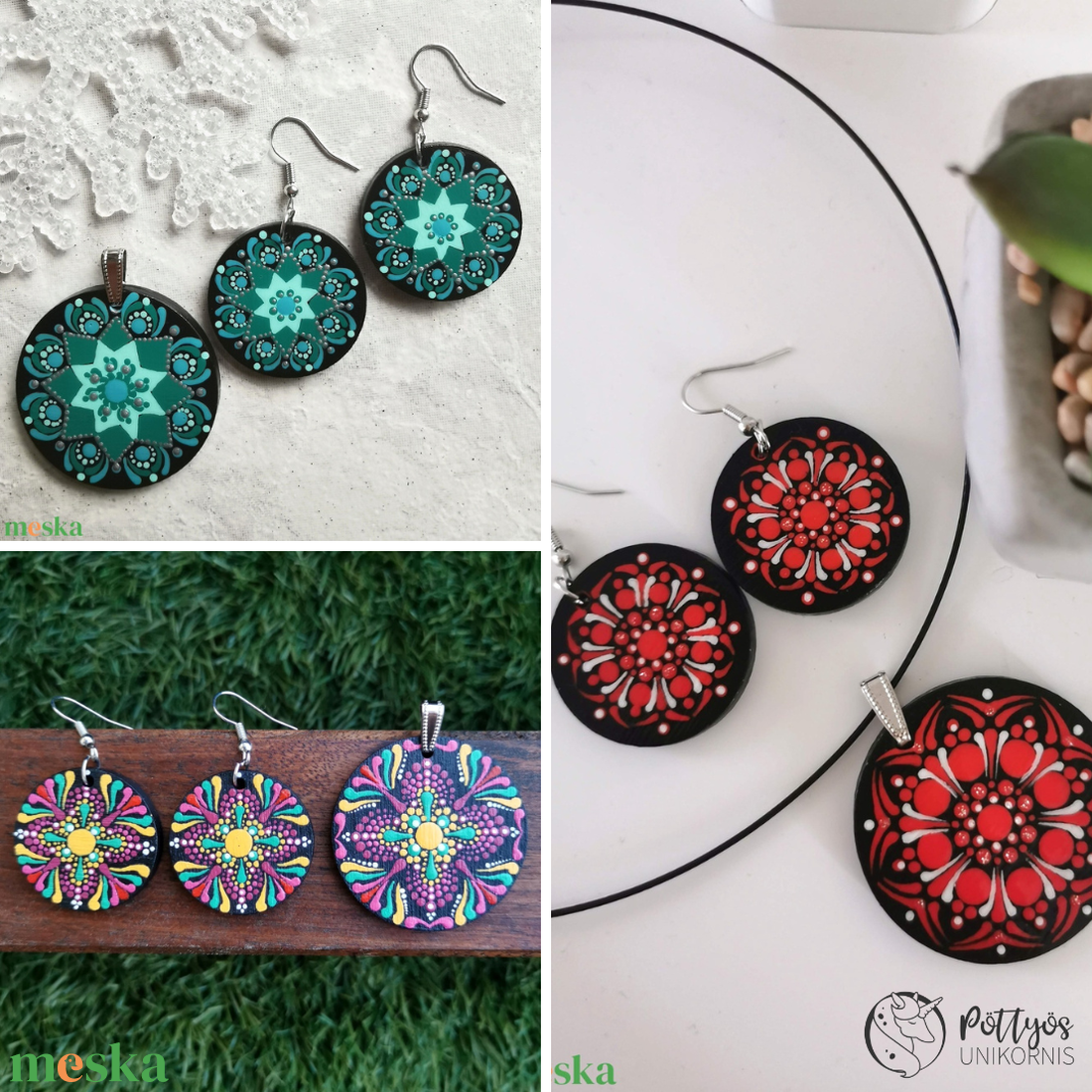 Többféle fa medál + fülbevaló szett - Tarka/Piros/Türkiz választható variációkban - ékszer - ékszerszett - Meska.hu