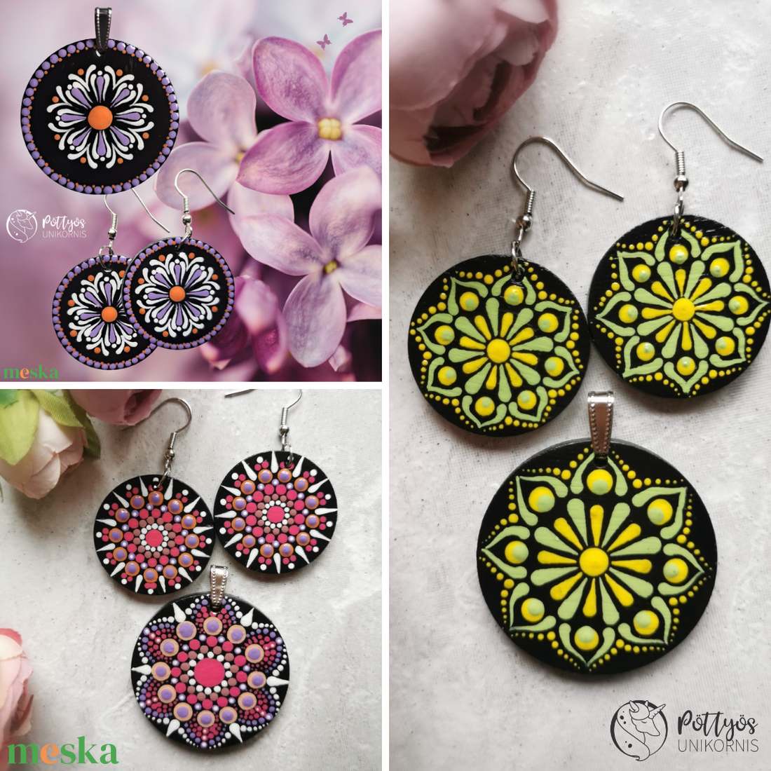 Többféle fa medál + fülbevaló szett - Lila/ Rózsaszín / Sárga választható variációkban - ékszer - ékszerszett - Meska.hu