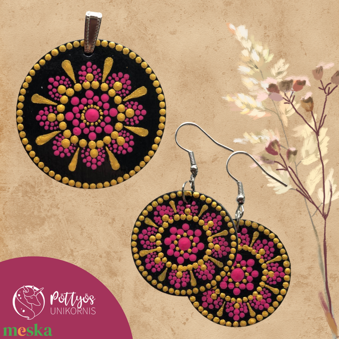 Többféle fa medál + fülbevaló szett - Kék-rózsaszín/ Arany-pink/ Narancs-lila választható variációkban - ékszer - ékszerszett - Meska.hu