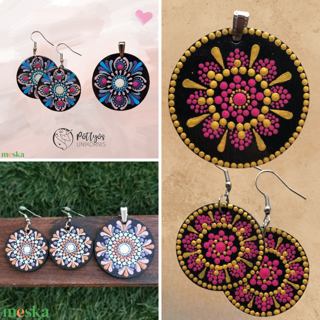 Többféle fa medál + fülbevaló szett - Kék-rózsaszín/ Arany-pink/ Narancs-lila választható variációkban - ékszer - ékszerszett - Meska.hu