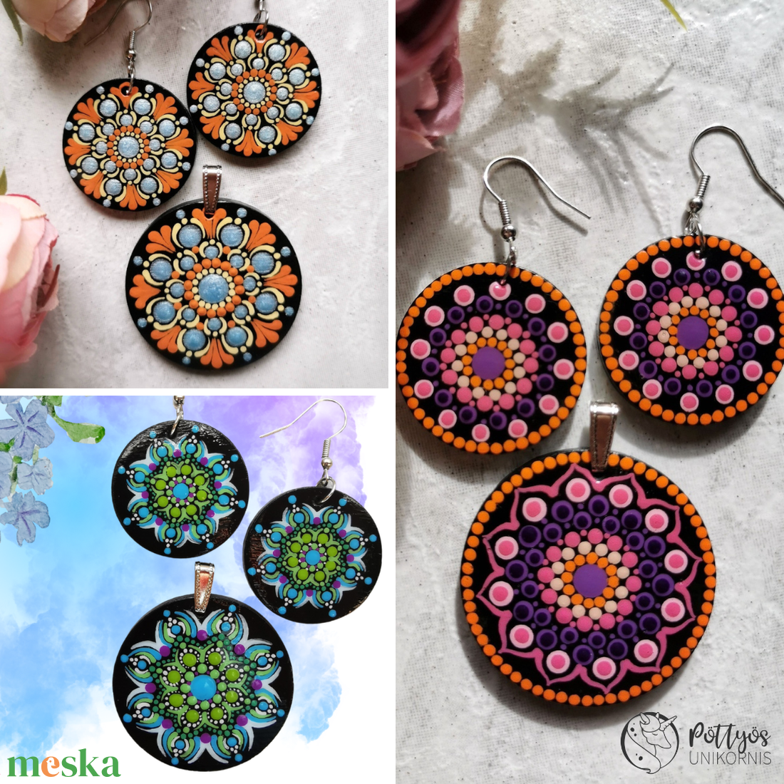 Többféle fa medál + fülbevaló szett - Rózsaszín-narancs/Kék-zöld/Narancs-kék választható variációkban - ékszer - ékszerszett - Meska.hu