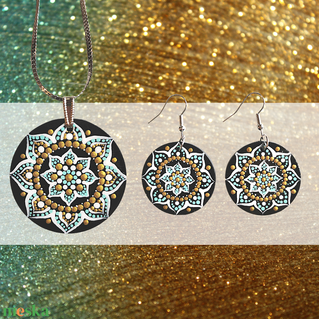 Többféle fa medál + fülbevaló szett - Kék/Virágmintás/Arany-menta választható variációkban - ékszer - ékszerszett - Meska.hu