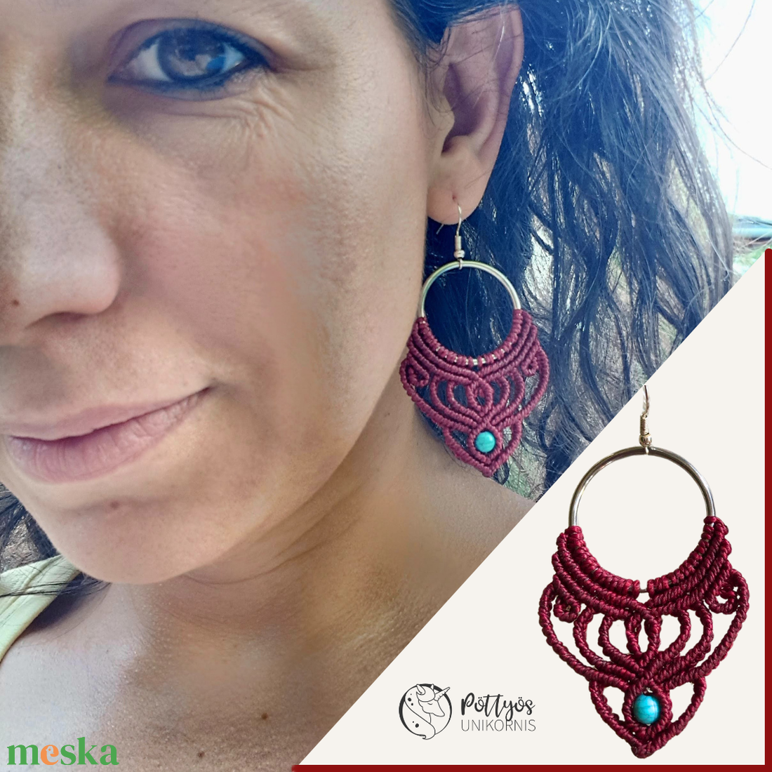 Többféle mikromakramé fülbevaló - Türkiz/Bordó/Kékes-Bordó ívelt választható variációkban - ékszer - fülbevaló - lógó fülbevaló - Meska.hu