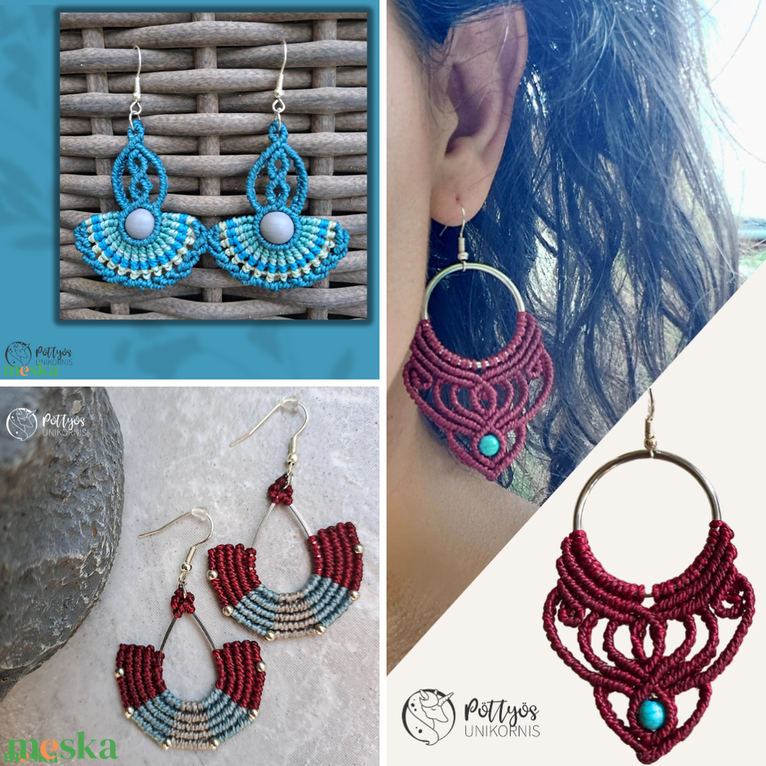 Többféle mikromakramé fülbevaló - Türkiz/Bordó/Kékes-Bordó ívelt választható variációkban - ékszer - fülbevaló - lógó fülbevaló - Meska.hu