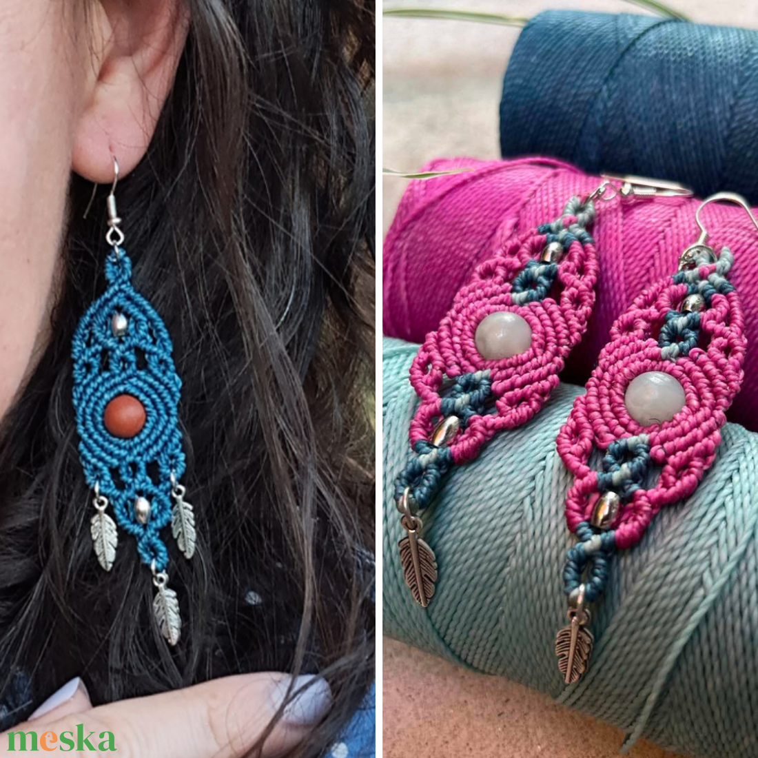 Többféle mikromakramé fülbevaló toll dísszel - Kék / Rózsaszín választható variációkban - ékszer - fülbevaló - lógó fülbevaló - Meska.hu