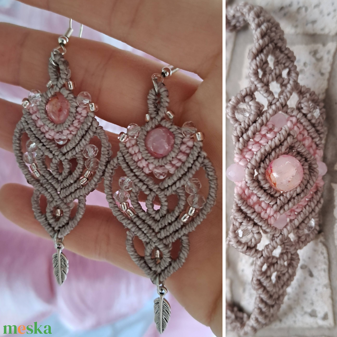 Mikromakramé karkötő + fülbevaló szett - Szürke-rózsaszín - ékszer - karkötő - fonott karkötő - Meska.hu