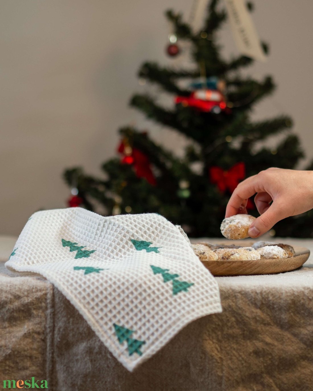 kézzel mintázott zöld fenyős karácsonyi konyharuha - otthon & életmód - konyhafelszerelés, tálalás - konyhai textil - konyharuha & törlőkendő - Meska.hu