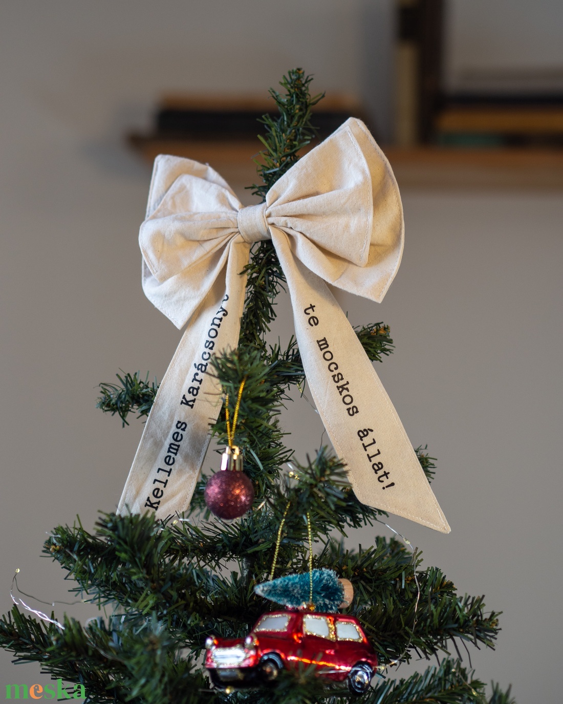 kellemes karácsonyt te mocskos állat feliratos csúcsdísz, dekorációs masni - karácsony - karácsonyi lakásdekoráció - karácsonyfadíszek - Meska.hu