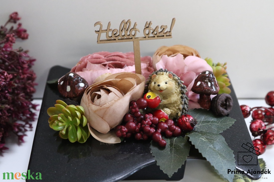 Helló ősz kompozíció - sünivel - otthon & életmód - dekoráció - asztal és polc dekoráció - asztaldísz - Meska.hu