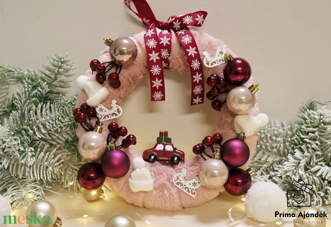 Bordó kisautós ajtódísz - családnévvel is kérhető - karácsony - adventi díszek - adventi ajtódísz - Meska.hu