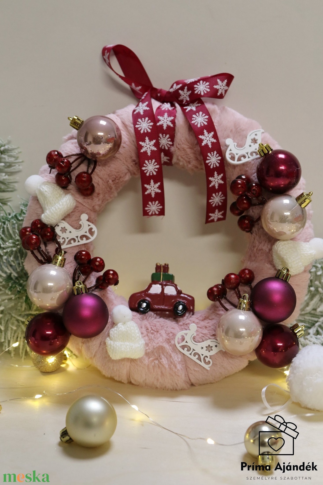 Bordó kisautós ajtódísz - családnévvel is kérhető - karácsony - adventi díszek - adventi ajtódísz - Meska.hu