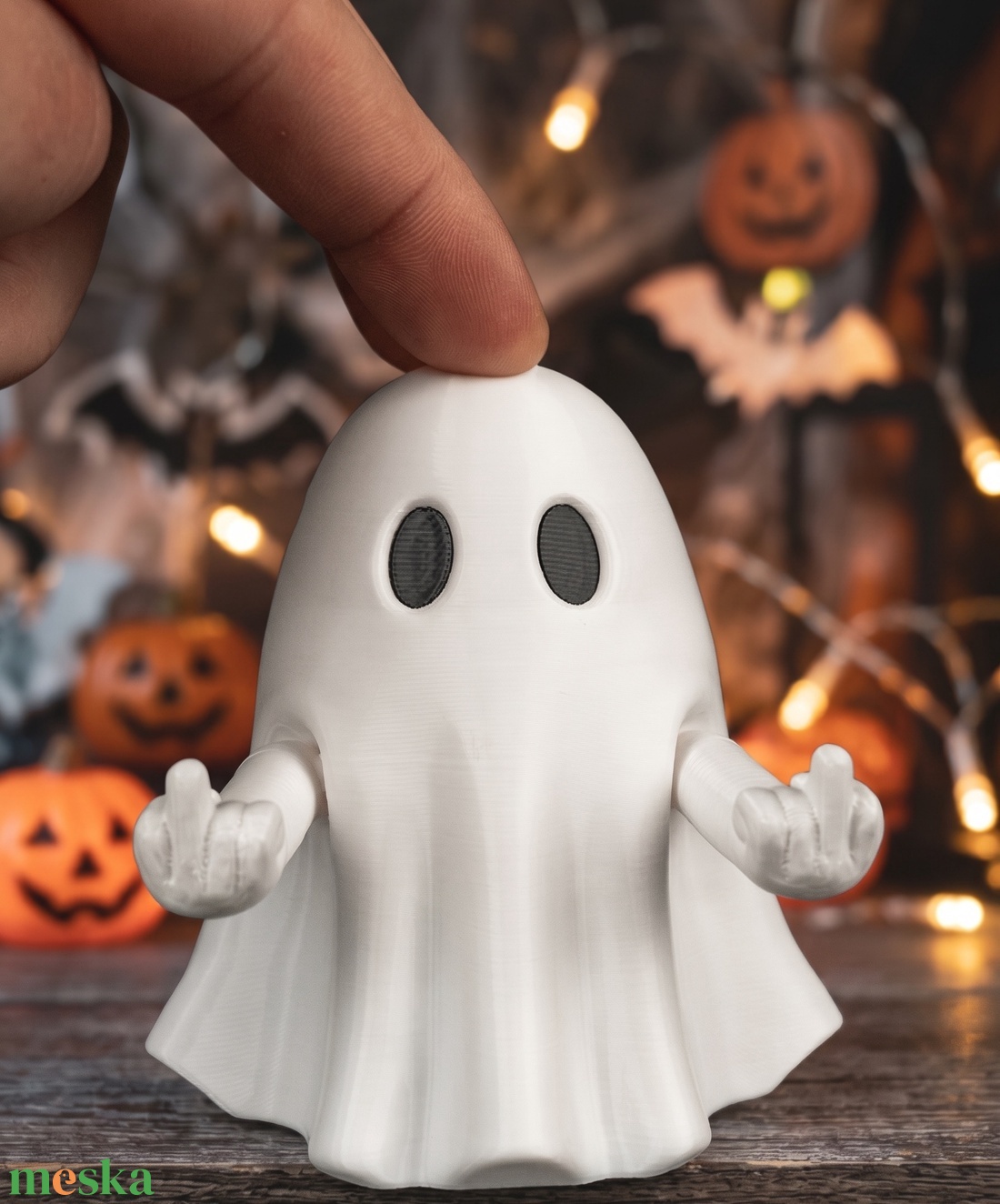Vicces Halloween ajándék, középső ujjat mutató szellem figura � tréfás asztali dísz felugró karokkal, 10 cm - otthon & életmód - dekoráció - halloween - halloweeni figurák - Meska.hu