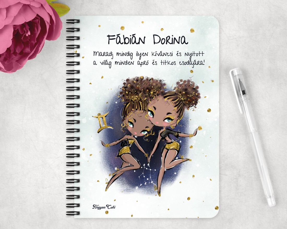 Személyre szabható - Barna hajú Csini Ikrek lány mintás A5-ös füzet - otthon & életmód - papír, írószer - jegyzetfüzet & napló - Meska.hu