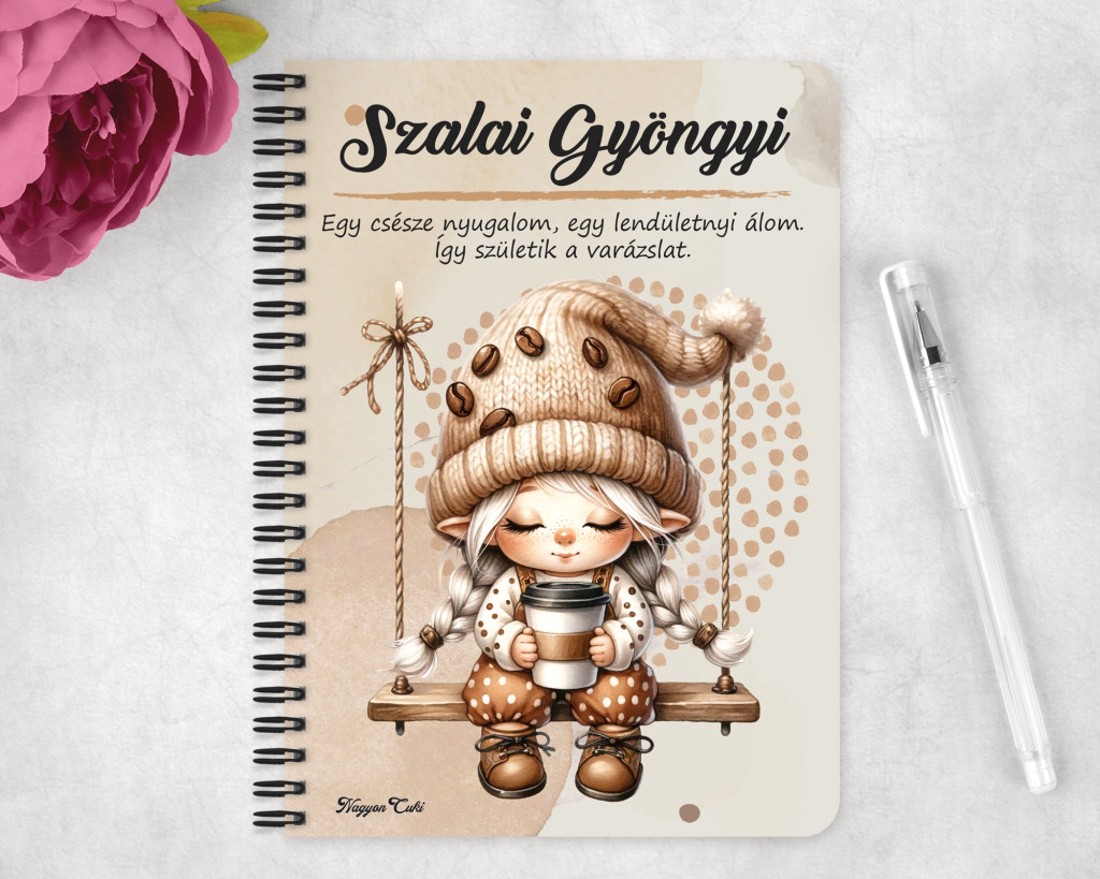Személyre szabható - Hintázó kávés manó lány mintás A5-ös füzet - otthon & életmód - papír, írószer - jegyzetfüzet & napló - Meska.hu