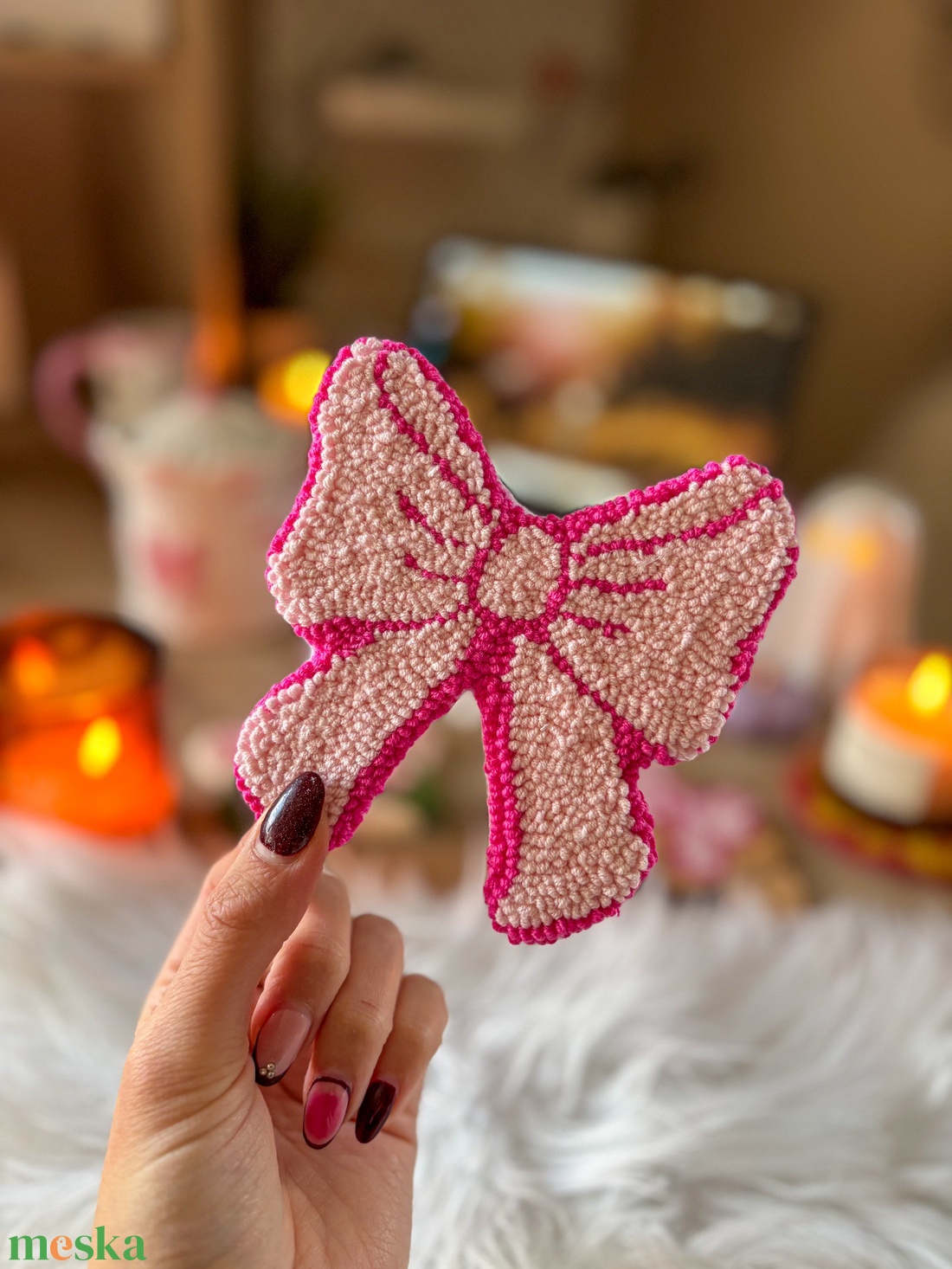 Hímzett poháralátét, Rózsaszín masni - otthon & életmód - dekoráció - dísztárgy - Meska.hu