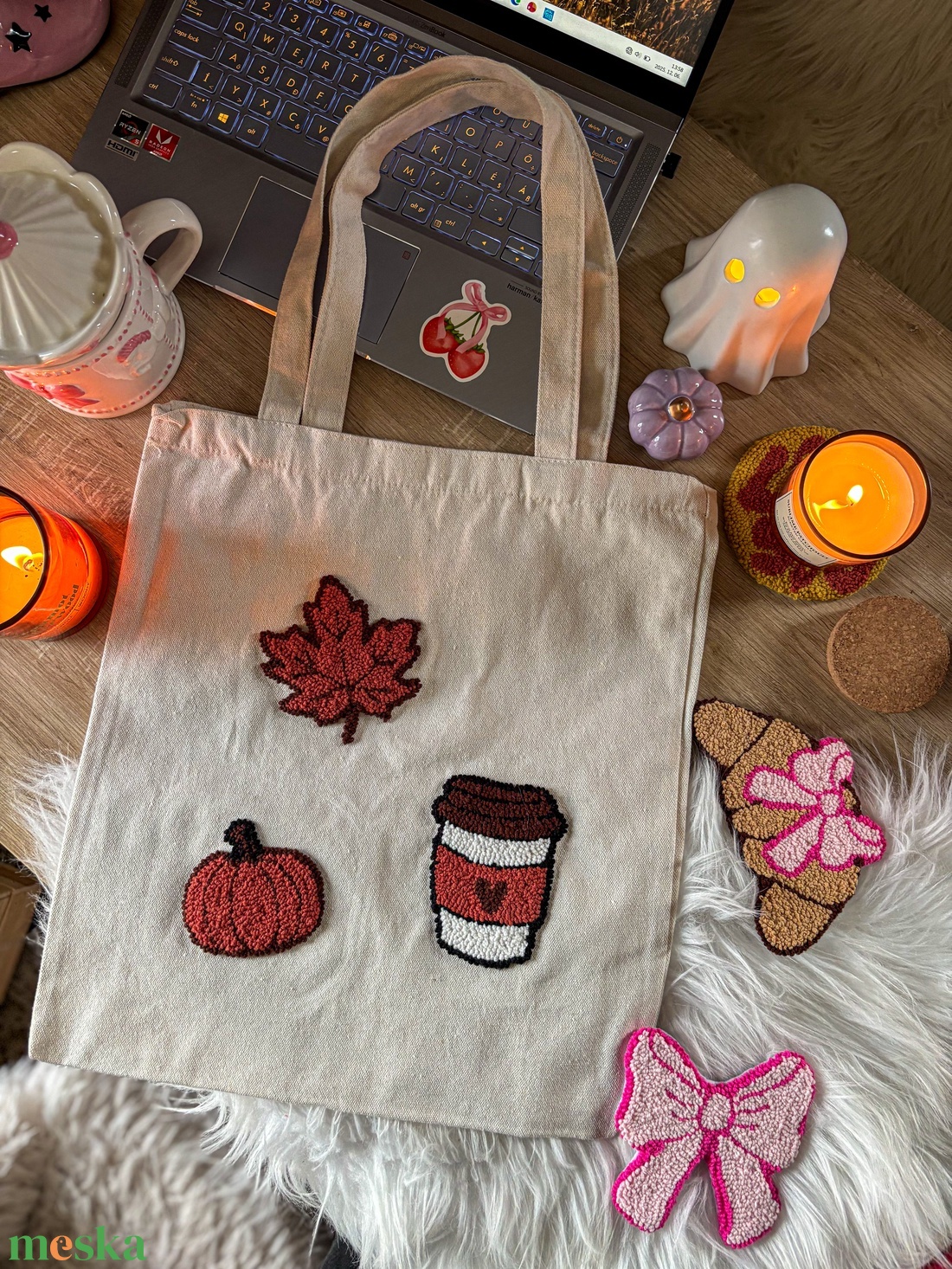Hímzett vászontáska, kávé, levél, tök - táska & tok - bevásárlás & shopper táska - shopper, textiltáska, szatyor - Meska.hu