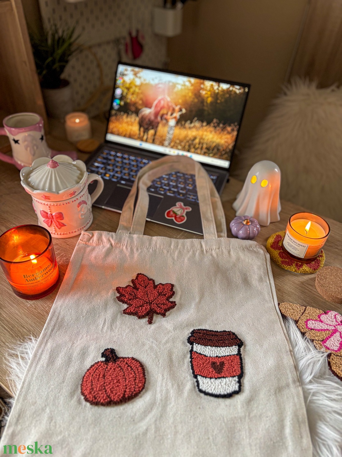 Hímzett vászontáska, kávé, levél, tök - táska & tok - bevásárlás & shopper táska - shopper, textiltáska, szatyor - Meska.hu