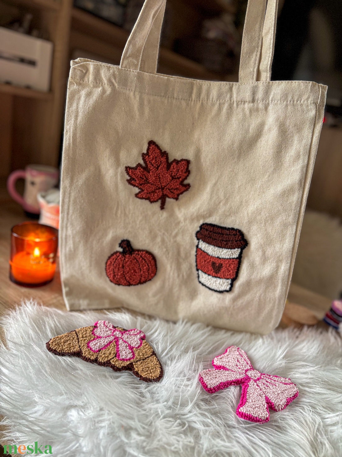 Hímzett vászontáska, kávé, levél, tök - táska & tok - bevásárlás & shopper táska - shopper, textiltáska, szatyor - Meska.hu