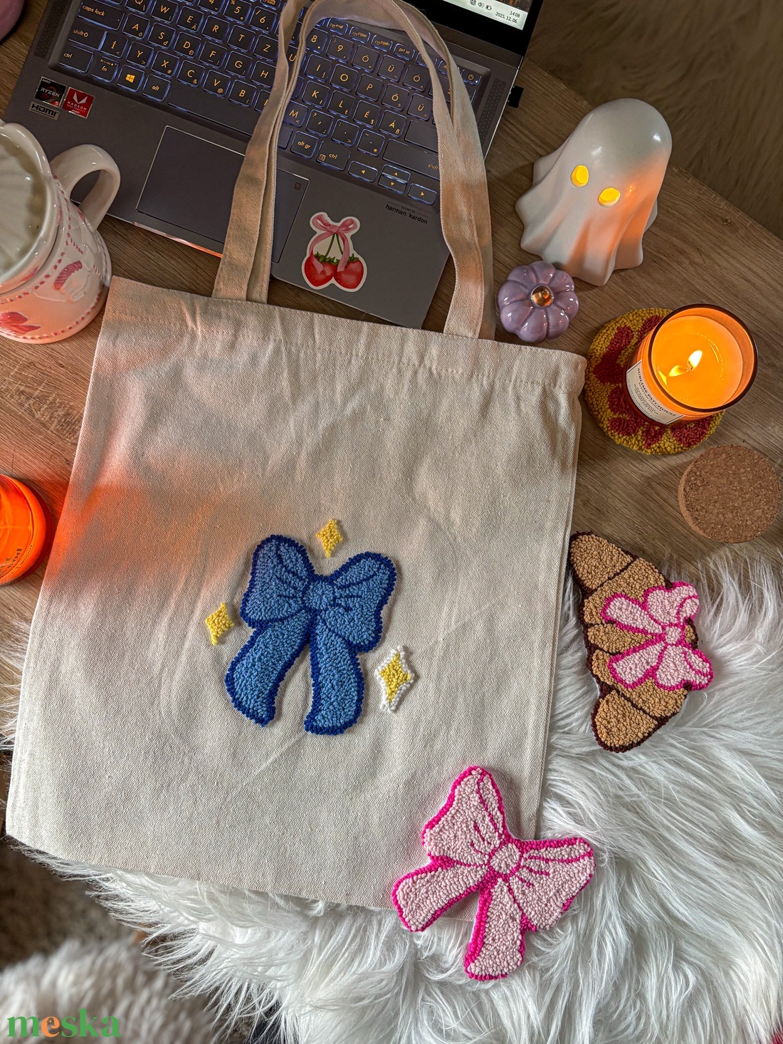 Hímzett vászontáska, Kék masni csillagokkal  - táska & tok - bevásárlás & shopper táska - shopper, textiltáska, szatyor - Meska.hu