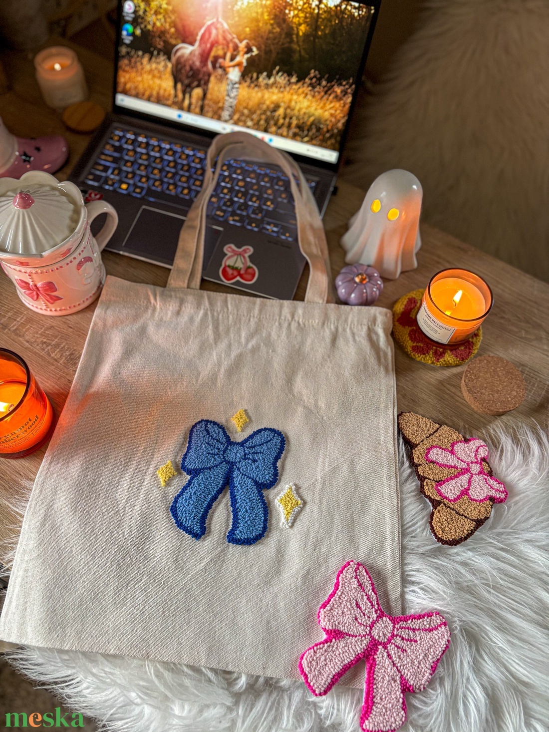 Hímzett vászontáska, Kék masni csillagokkal  - táska & tok - bevásárlás & shopper táska - shopper, textiltáska, szatyor - Meska.hu