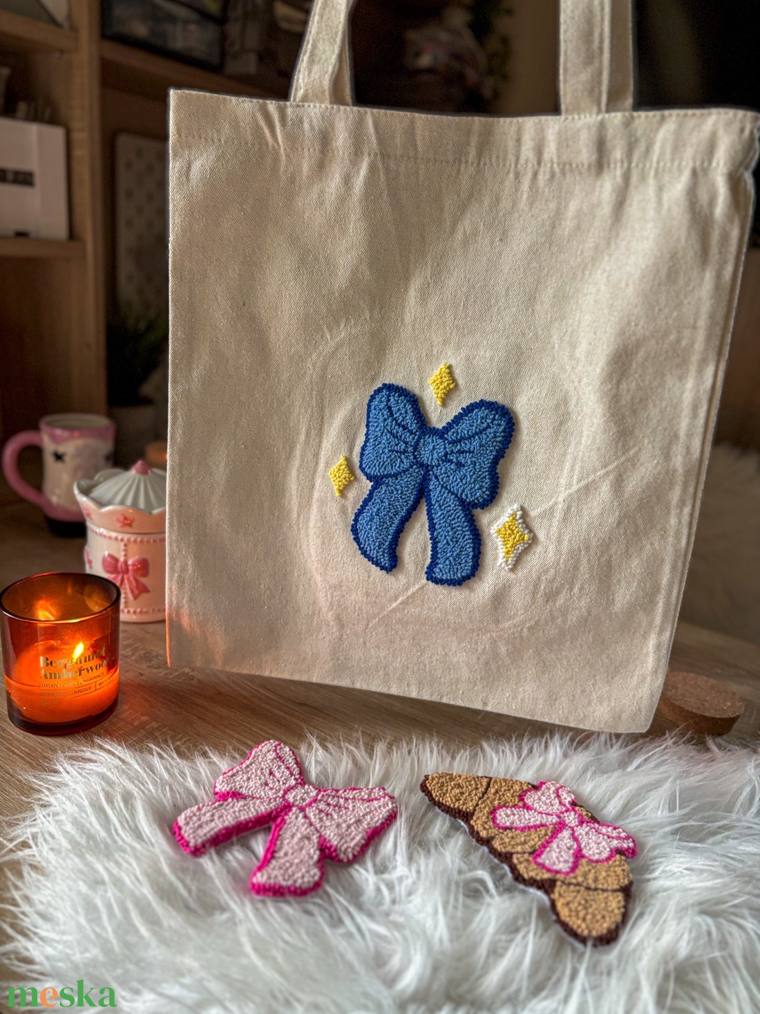 Hímzett vászontáska, Kék masni csillagokkal  - táska & tok - bevásárlás & shopper táska - shopper, textiltáska, szatyor - Meska.hu