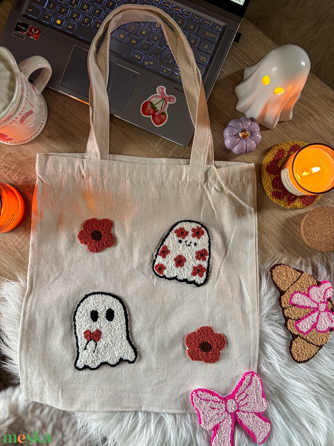 Hímzett vászontáska, virágos szellem - táska & tok - bevásárlás & shopper táska - shopper, textiltáska, szatyor - Meska.hu