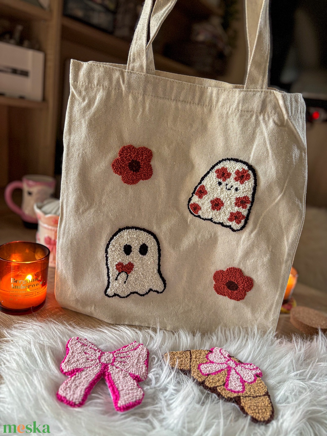 Hímzett vászontáska, virágos szellem - táska & tok - bevásárlás & shopper táska - shopper, textiltáska, szatyor - Meska.hu