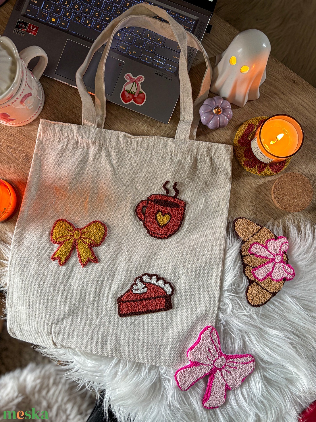 Hímzett vászontáska, süti, bögre, masni - táska & tok - bevásárlás & shopper táska - shopper, textiltáska, szatyor - Meska.hu