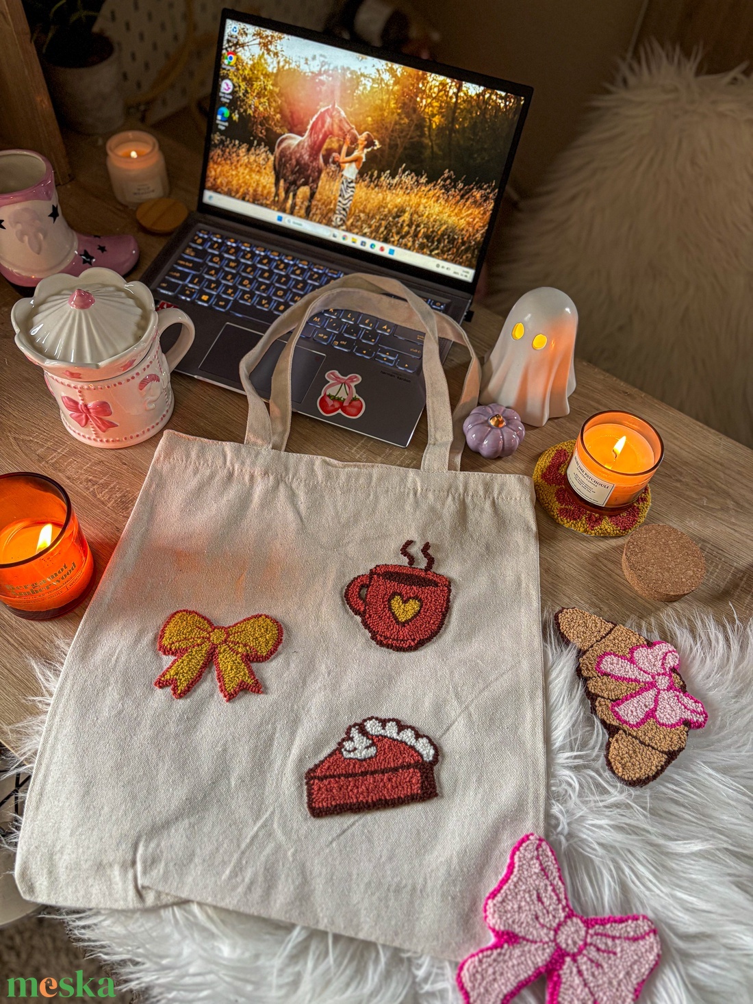 Hímzett vászontáska, süti, bögre, masni - táska & tok - bevásárlás & shopper táska - shopper, textiltáska, szatyor - Meska.hu