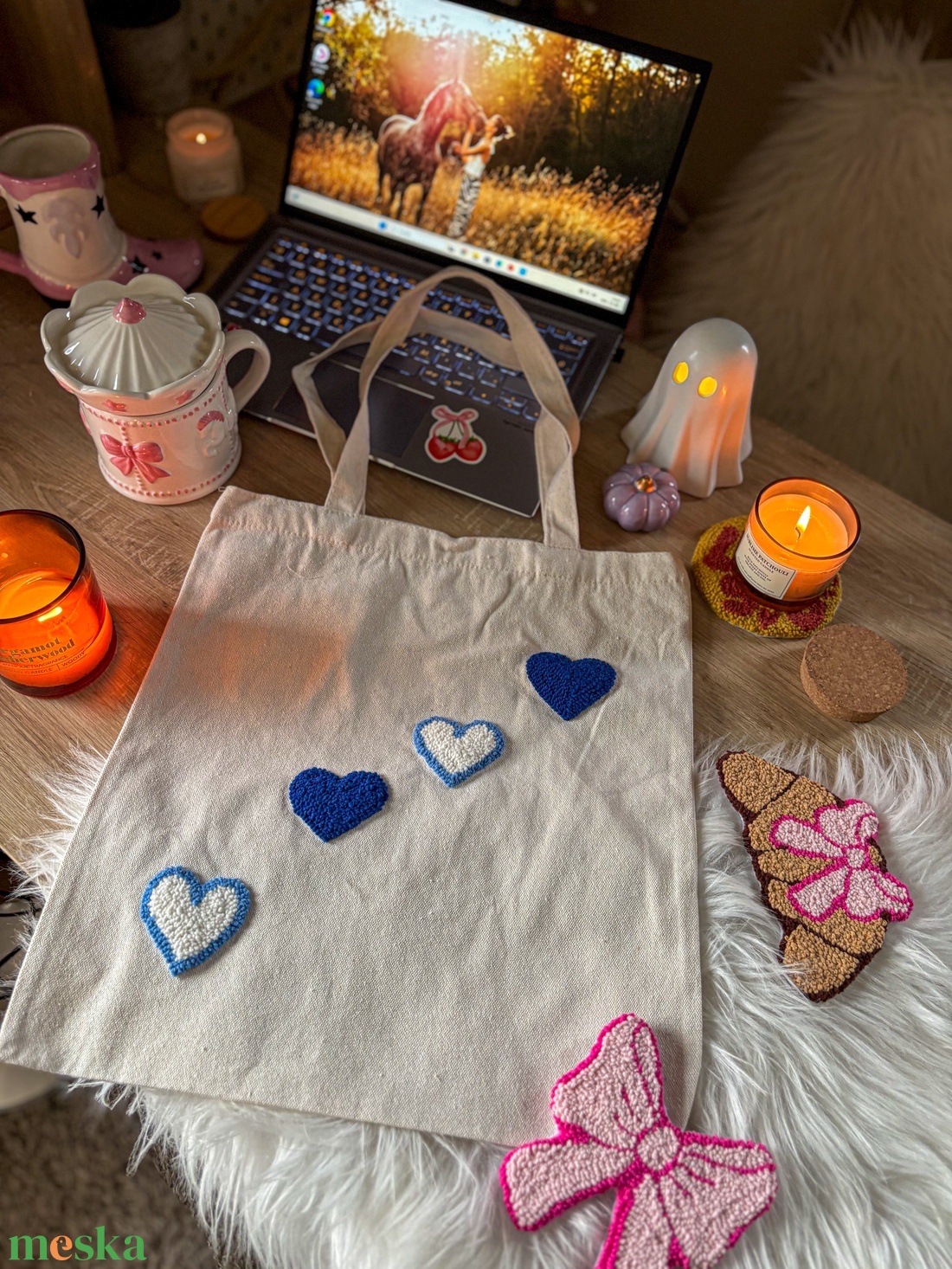 Hímzett vászontáska, kék szívek  - táska & tok - bevásárlás & shopper táska - shopper, textiltáska, szatyor - Meska.hu