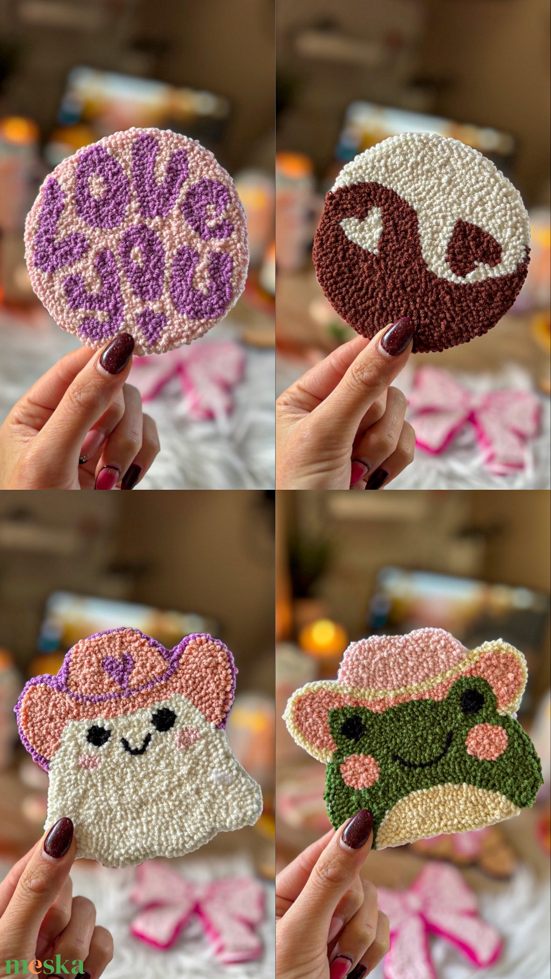 Hímzett poháralátét, 4 db-os szet (Yin-Yang, �love you, béka, szellem) - otthon & életmód - dekoráció - dísztárgy - Meska.hu